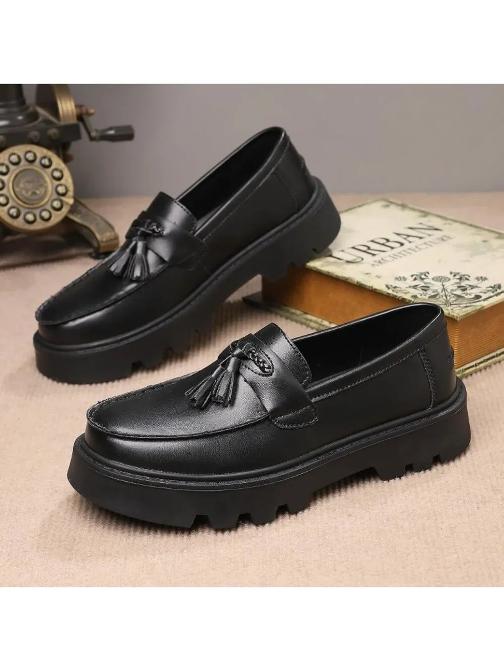 Men's Matte Black Patent Leather Loafers Chunky Heel Tassel Slip On Dress Shoes
